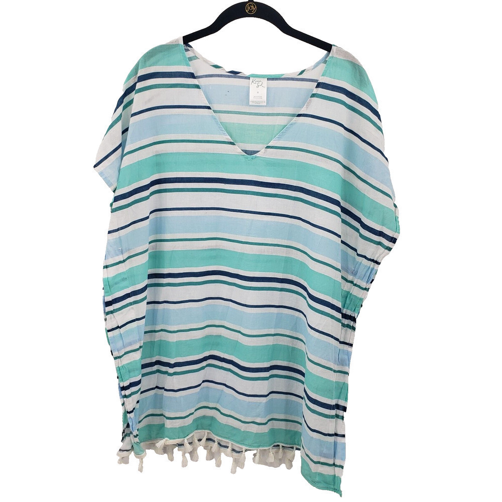Kona Soul Medium Swim Cover Up Womens Striped Fringe Hem Kaftan Dress Blue White